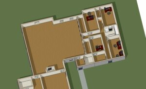 Office floor plan with desks and rooms layout.