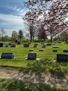 Peaceful cemetery with tombstones on sunny day