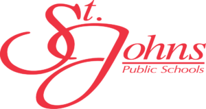 St. Johns Public Schools logo in red