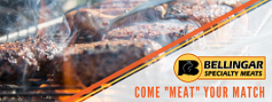 Grilled meats with Bellingar Specialty Meats logo.