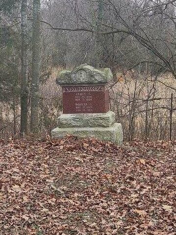 Historic monument surrounded by autumn leaves in forest.